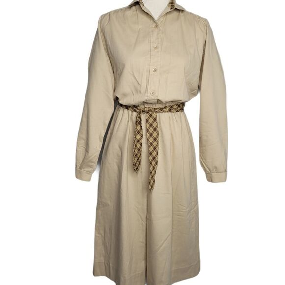 VINTAGE 70s/80s shirt dress ‎ tan collared button up S - Picture 1 of 12